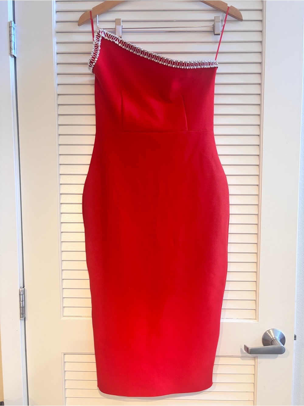 Red One-Shoulder Midi Dress with Crystal-Edge Trim